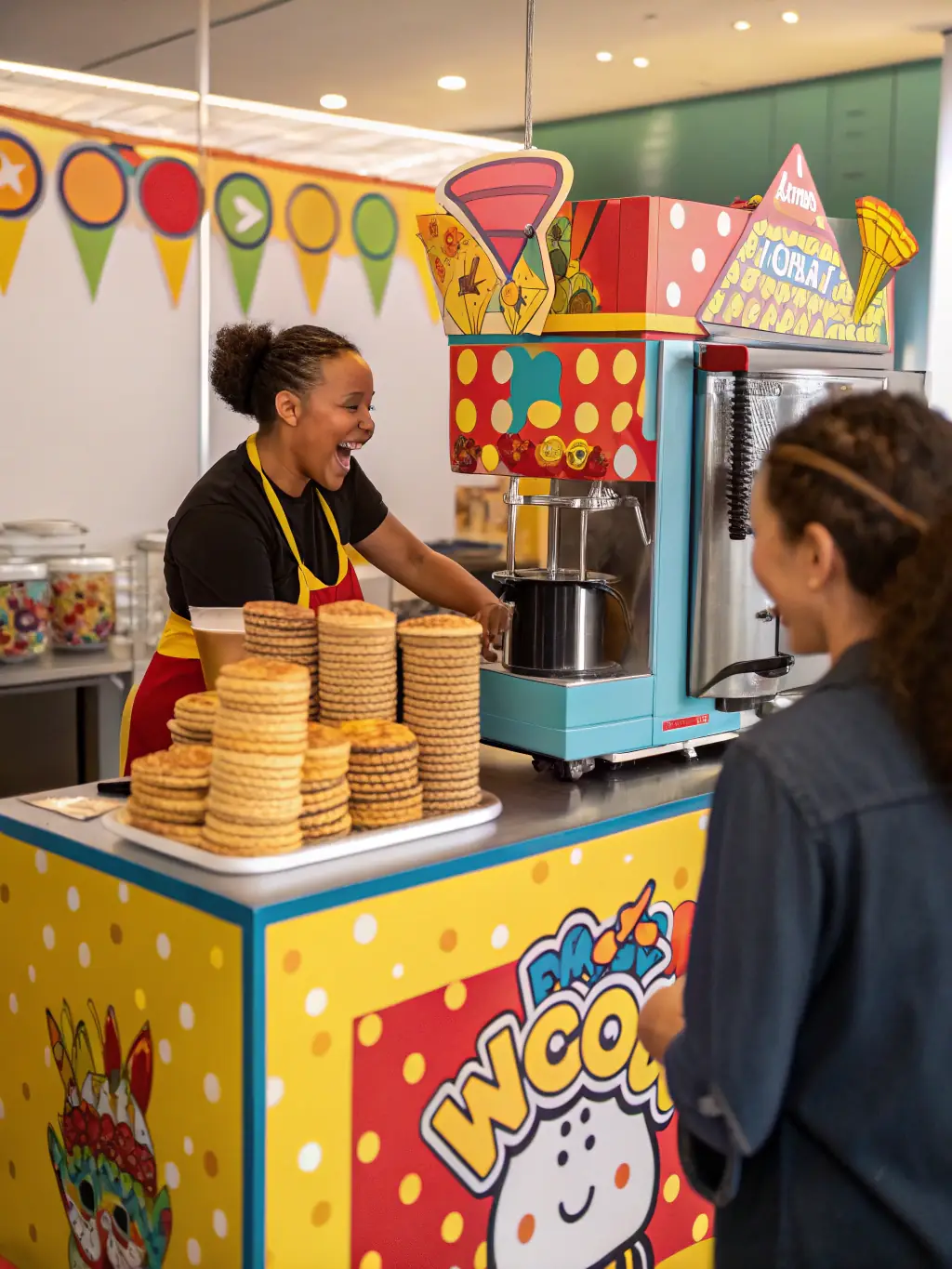 A colorful snack cart with mini pancakes, waffles, and a coffee bar setup, illustrating the fun and interactive snack cart services provided by Tasty Delights Catering.