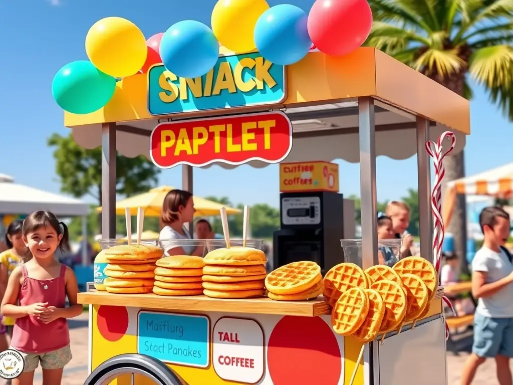 A vibrant snack cart featuring mini pancakes, waffles on a stick, and a coffee bar, set up for a birthday party. The cart is decorated with colorful balloons and festive signage.