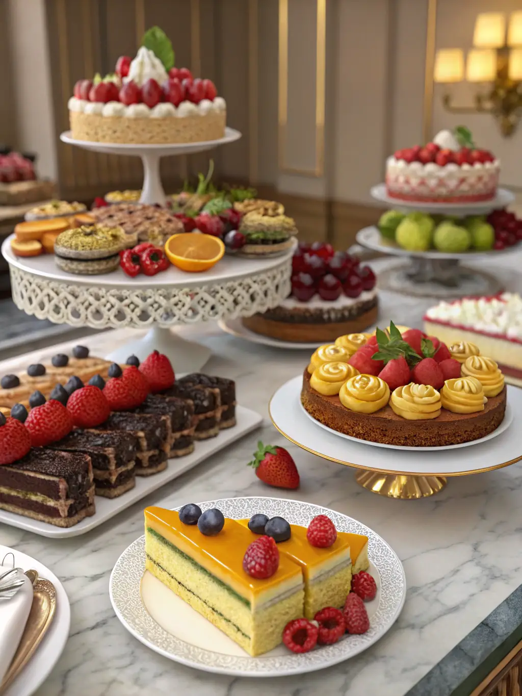 An elegant dessert table with crepes, rolled ice cream, and assorted pastries arranged artistically, highlighting the gourmet dessert displays offered by Tasty Delights Catering.