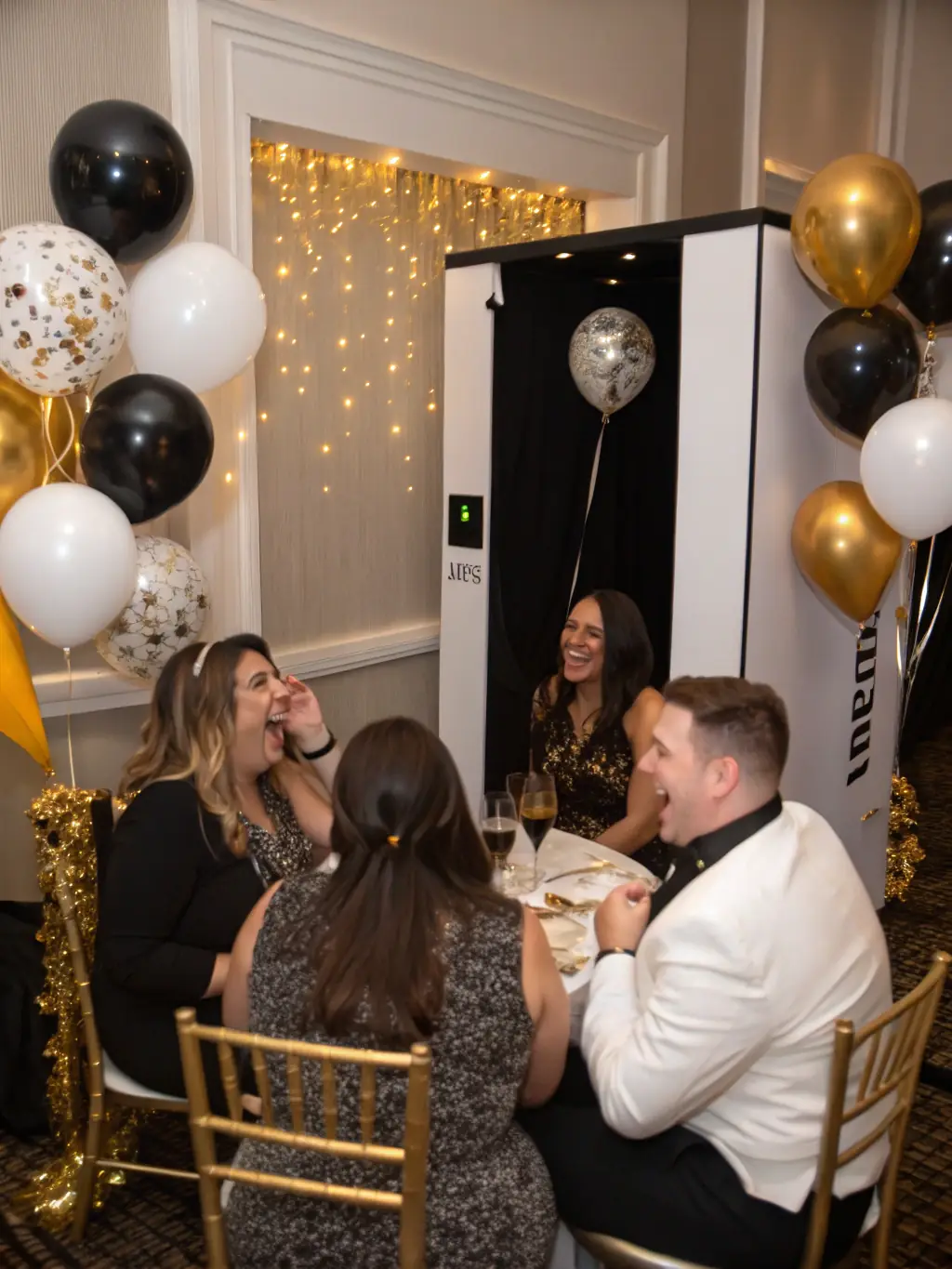 A lively photo booth setup with guests taking pictures and a decorative backdrop, showcasing the additional services offered by Tasty Delights Catering to enhance any event.