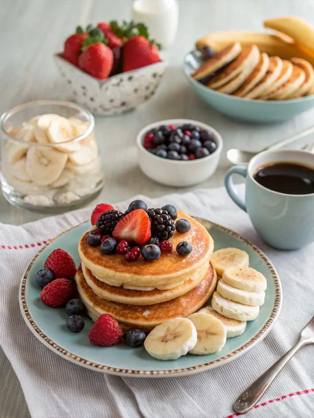 A beautifully arranged finger food table with mini pancakes, waffles on a stick, and assorted dips, showcasing the variety and appeal of Tasty Delights Catering's finger food options.