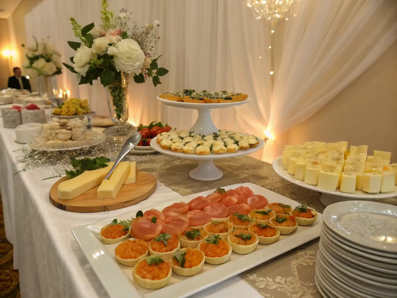 A beautifully arranged finger food table with mini quiches, gourmet sliders, and fresh fruit skewers, set up for a wedding reception. The table is decorated with elegant linens and floral arrangements.