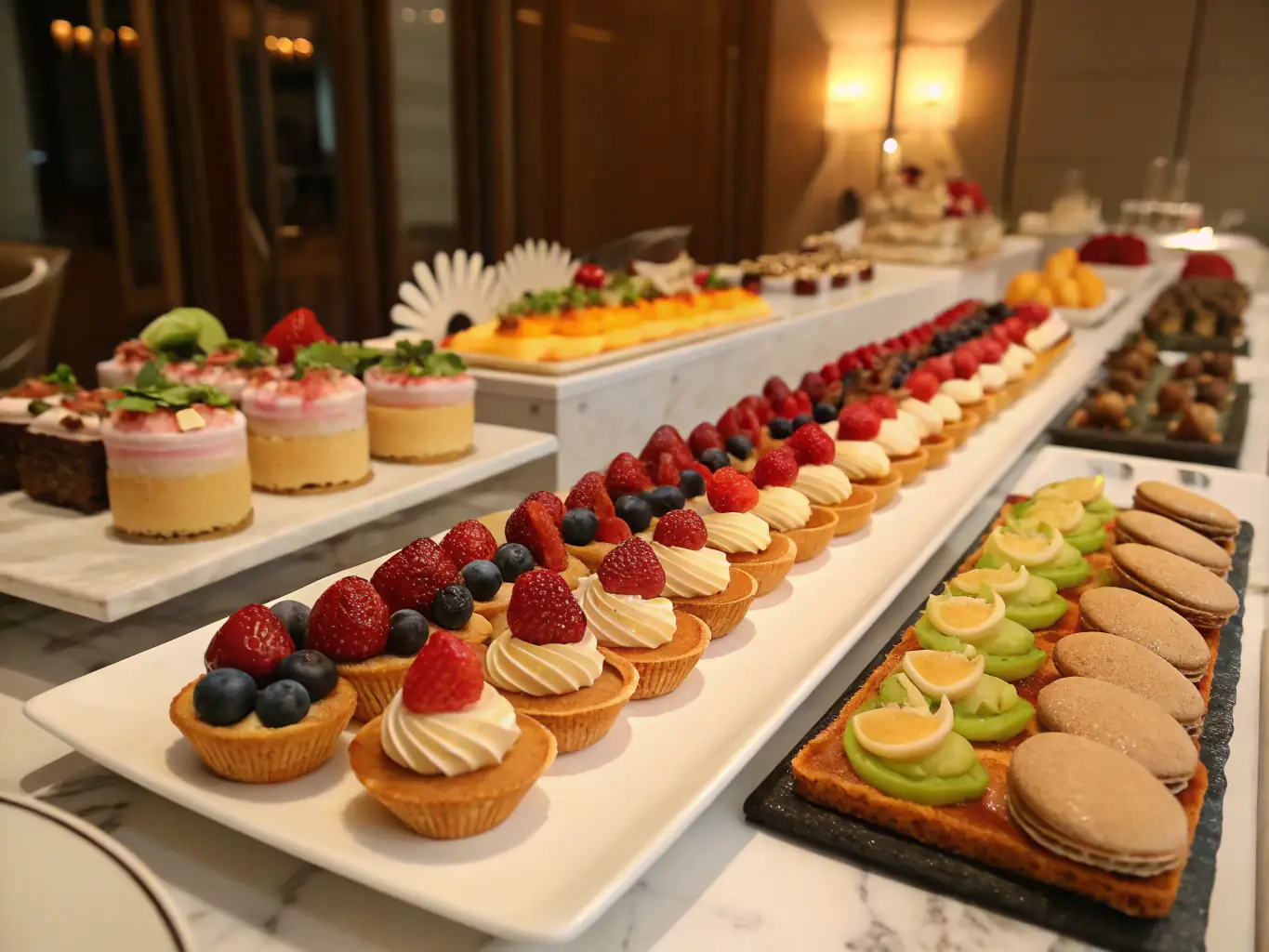 A stunning gourmet dessert display featuring crepes, rolled ice cream, and elegant pastry selections, arranged artfully on tiered stands for a corporate event.